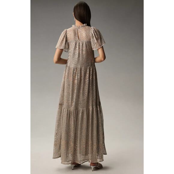 EUC Anthropologie Short-Sleeve Gold Silver Maxi Dress - Small - Picture 2 of 5